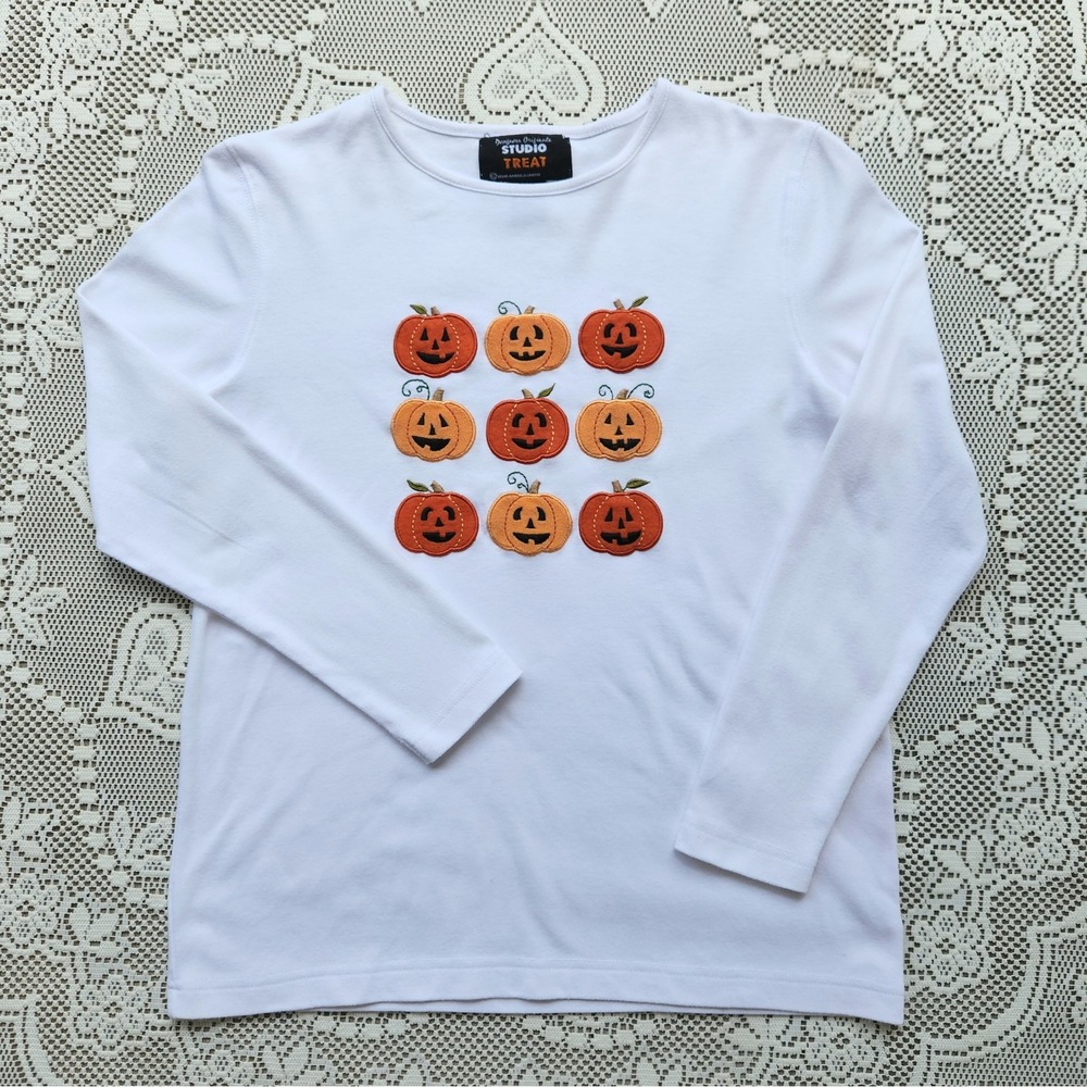 Vintage Halloween Long Sleeve T-Shirt Size S White Felt Pumpkins Grandma Cottage